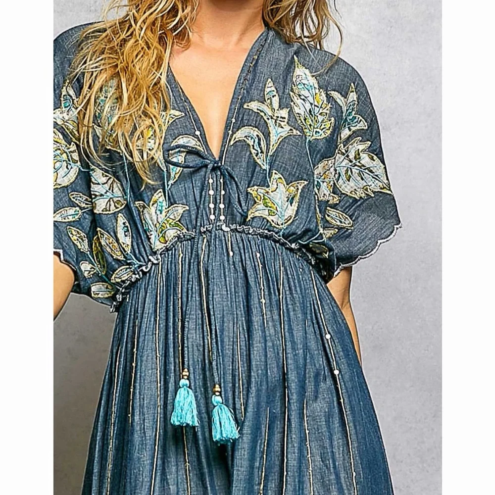 POL Blue Oversized Cotton Embroidered V Neck Maxi Dress w/Gold Detail! - Picture 2 of 7